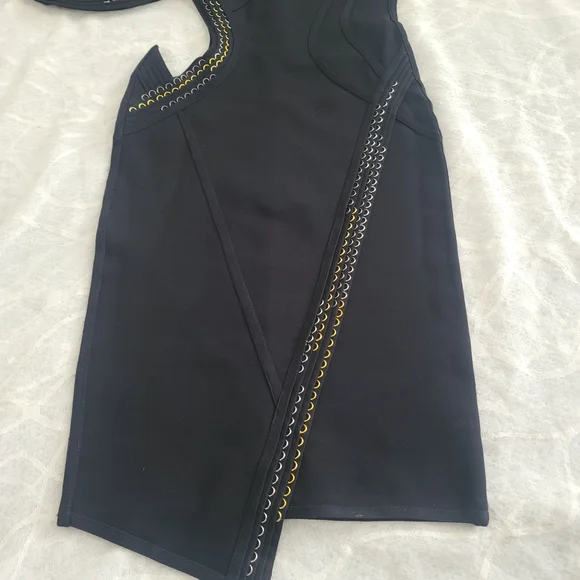 Herve Leger Black One-Shoulder Cutout Dress with Gold Trim - Picture 10 of 10